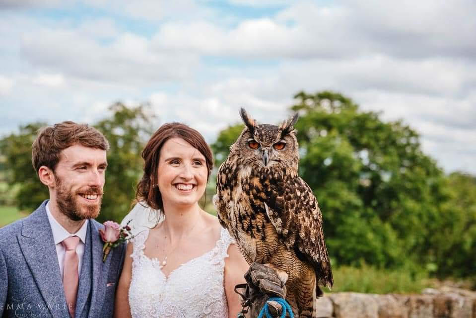 Eagle owl being held by the bride